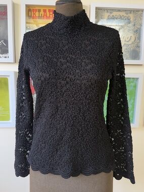 Vintage 90s Black Floral Lace Mock Neck Top | Sheer Long Sleeve | Romantic Goth